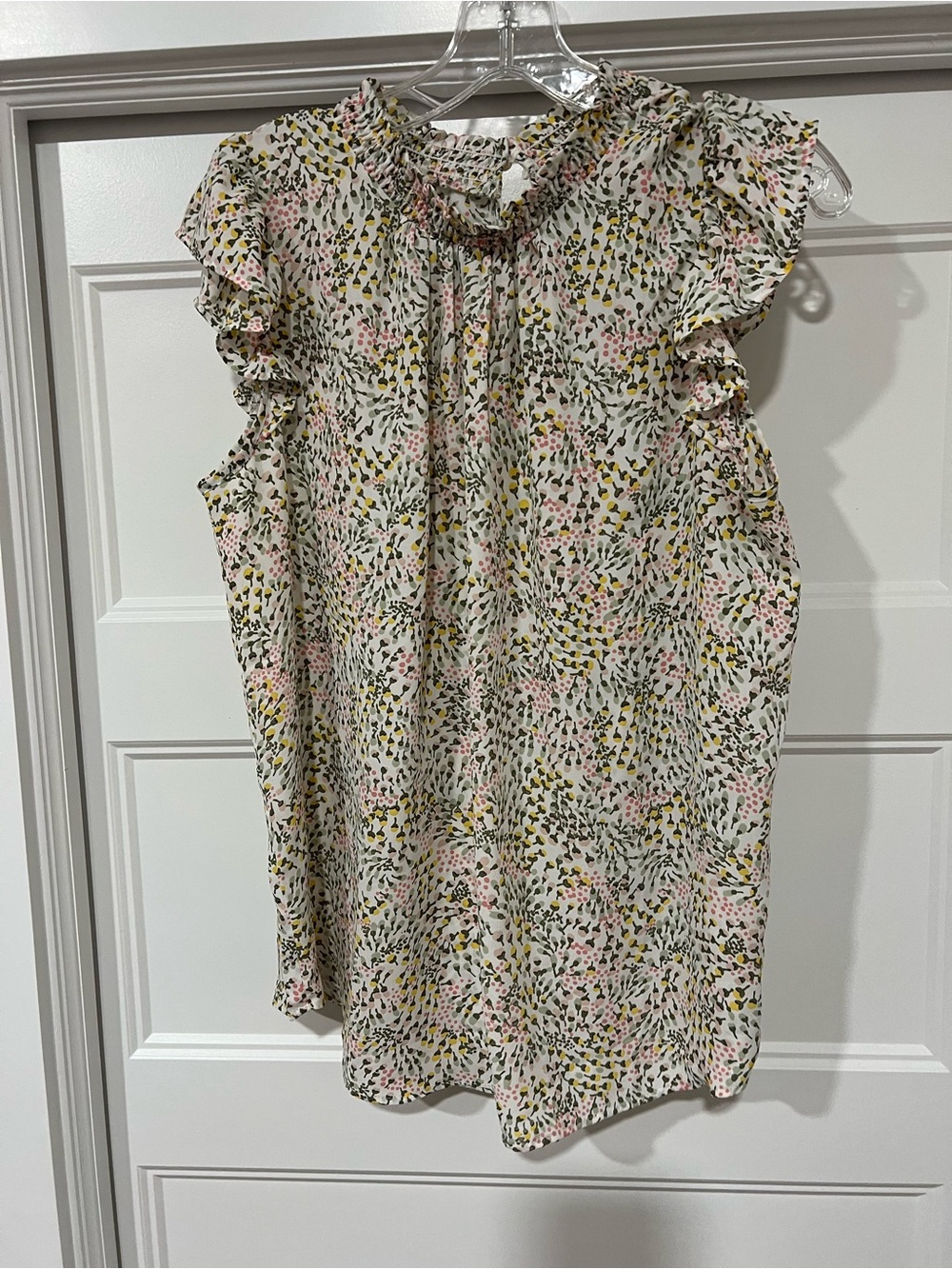 LOFT White Floral Ruffle Sleeveless Blouse with Pink & Olive Accents